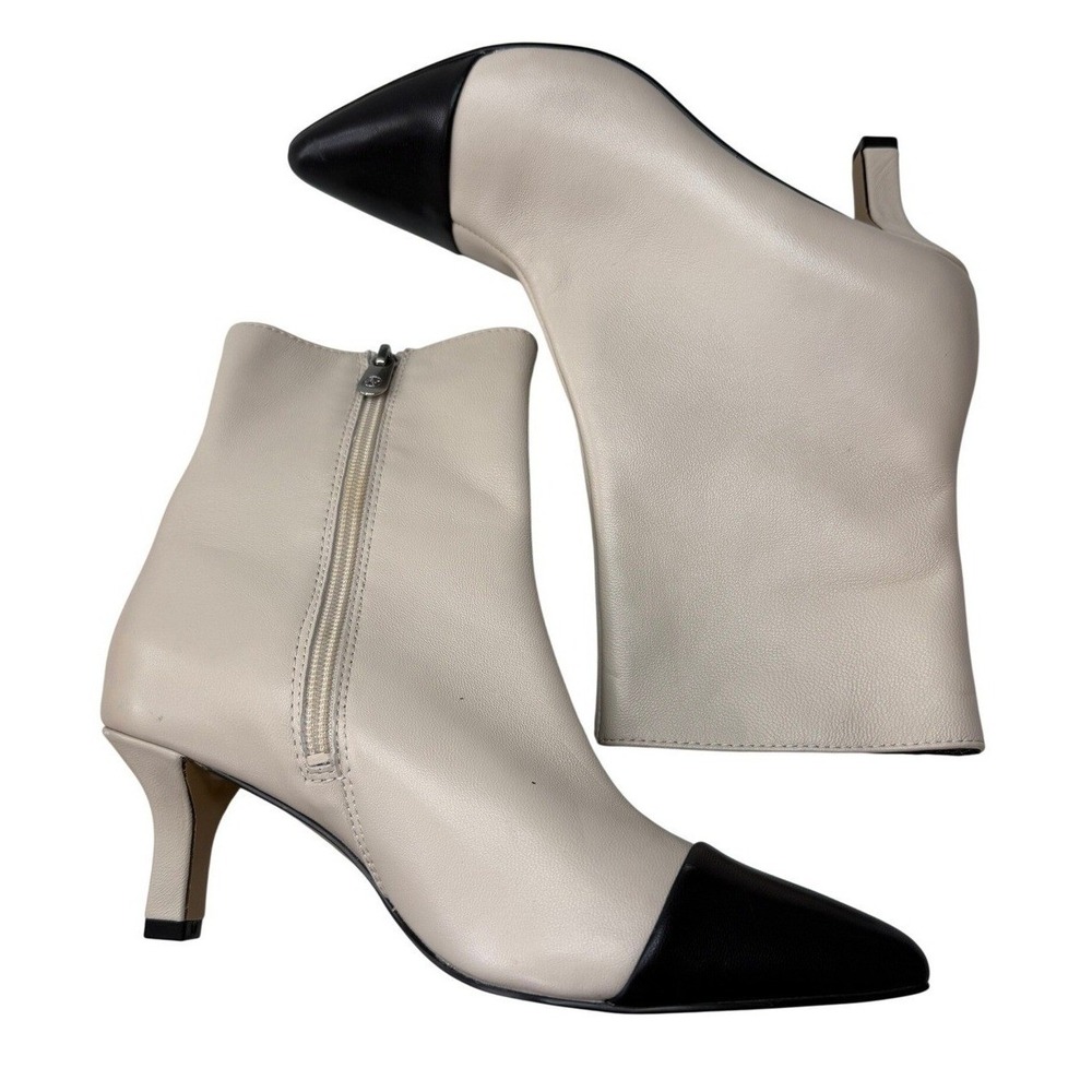 Adrienne Vittadini Pelham Cream Black Cap Toe Leather Kitten Heel Boots 6.5M NEW